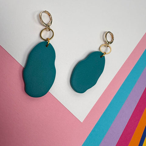 Organic Teal Huggie Hoop | Polymer Clay Earrings