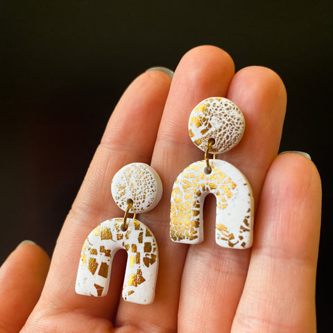 White and Gold Crackle Arches | Made-to-order | Polymer Clay Earrings