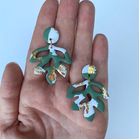 Green, White & Gold Leaves | Made-to-order | Polymer Clay Earrings